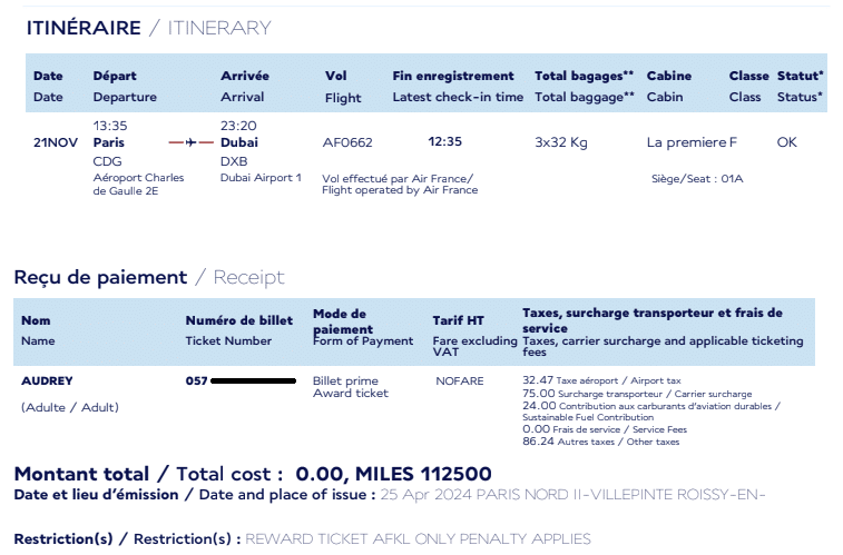 Mon billet La Première en miles