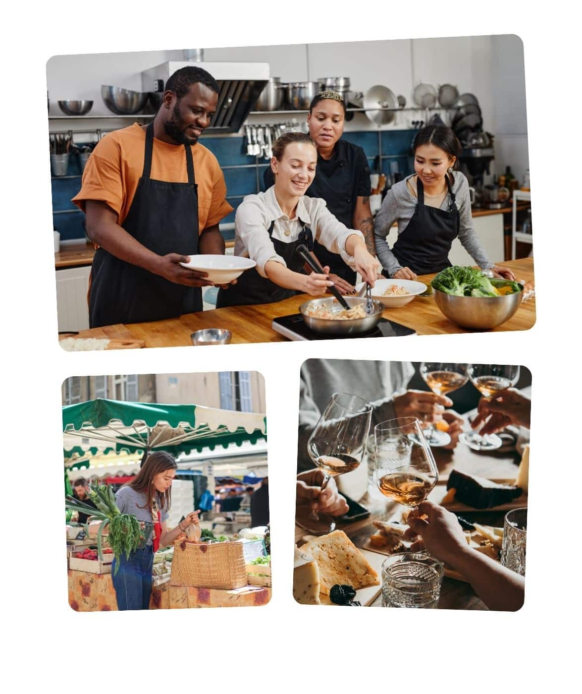 Expériences possibles dans nos destinations saveurs : ateliers de cuisine, visites de marchés, dégustations de vins